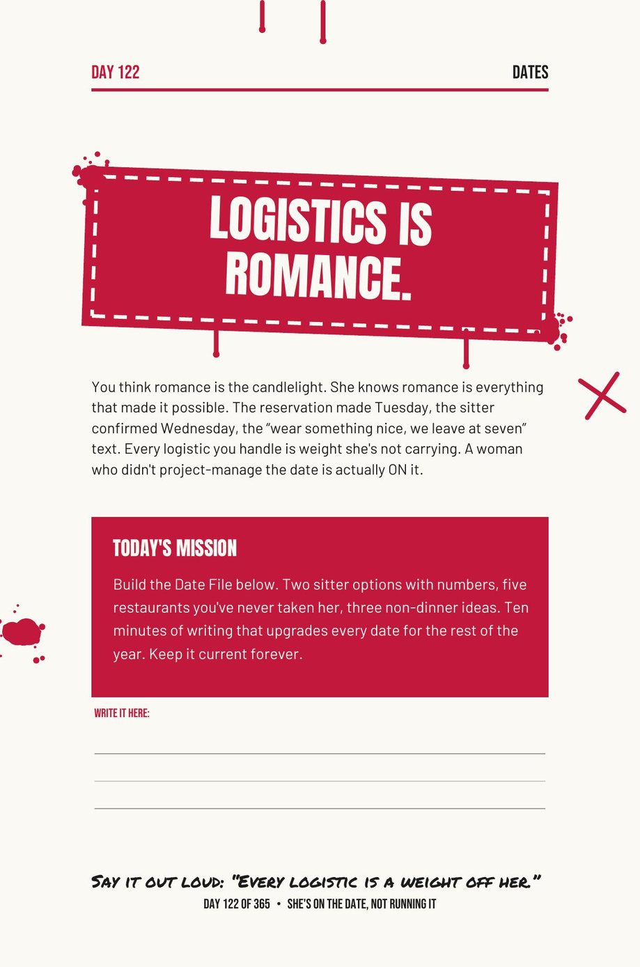 She Bought You This Book: Day 122, Logistics Is Romance, a daily page about building a date file with sitters and options
