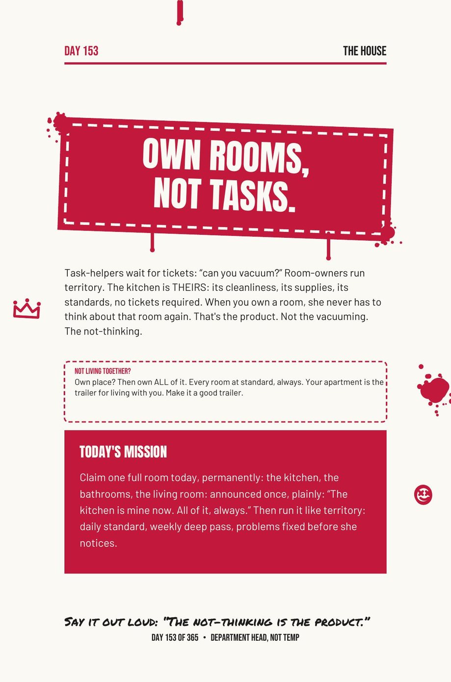 She Bought You This Book: Day 153, Own Rooms Not Tasks, a daily page about taking standing ownership of a space