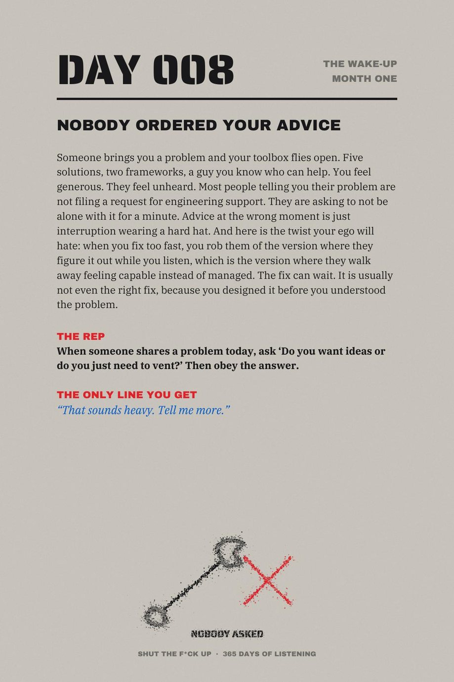 Shut The F*ck Up: Day 008, Nobody Ordered Your Advice, a page on keeping the toolbox shut