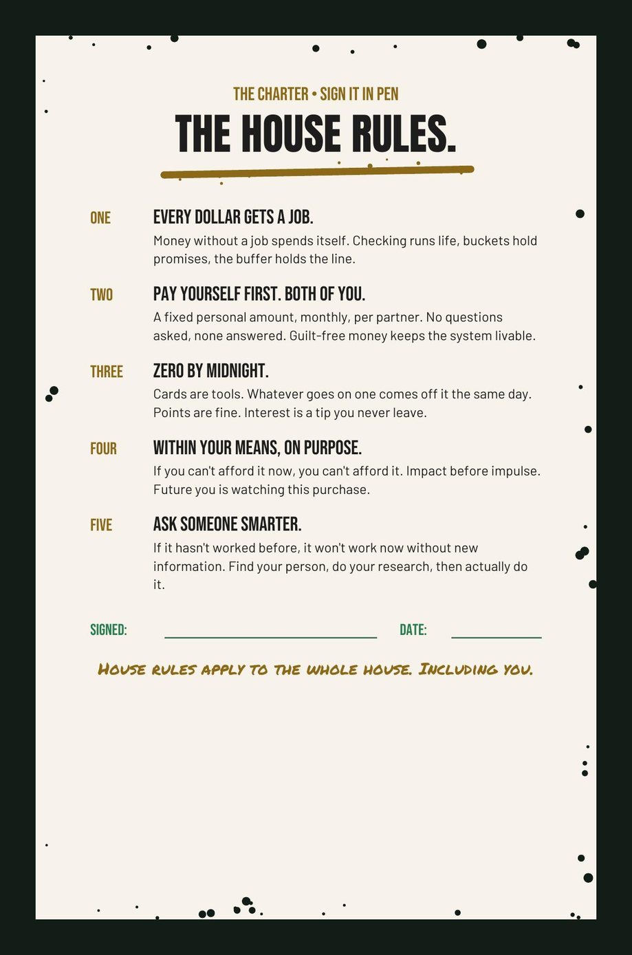 Stack The F*ck Up: The Charter, a page of house rules to sign in pen before Day One