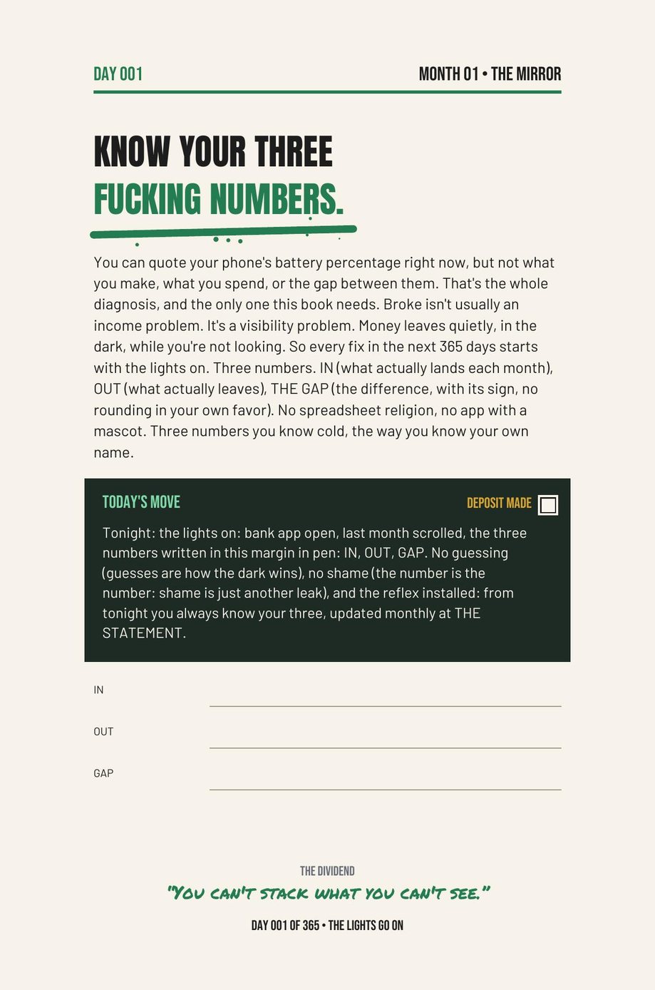 Stack The F*ck Up: Day 001, Know Your Three Numbers, with space to write what you earn, spend and owe