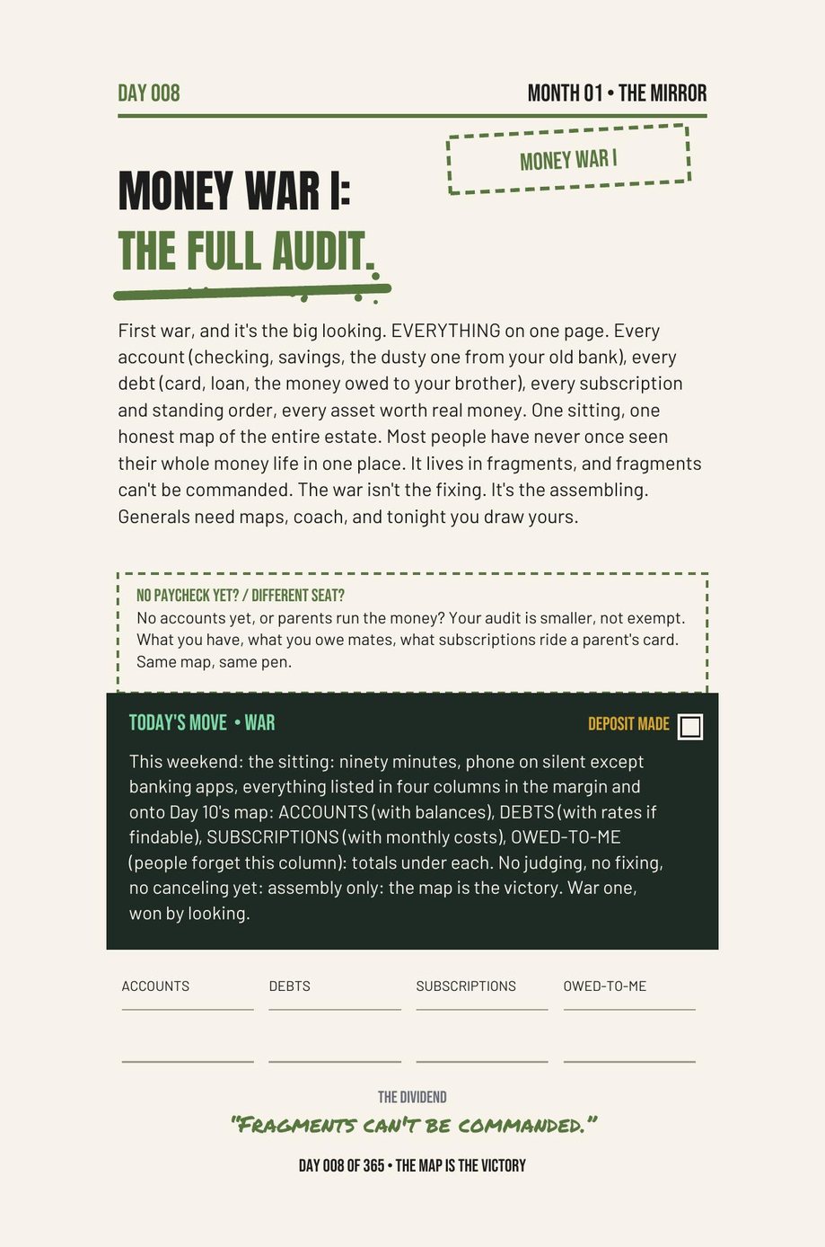 Stack The F*ck Up: Day 008, Money War One, The Full Audit, listing every recurring payment