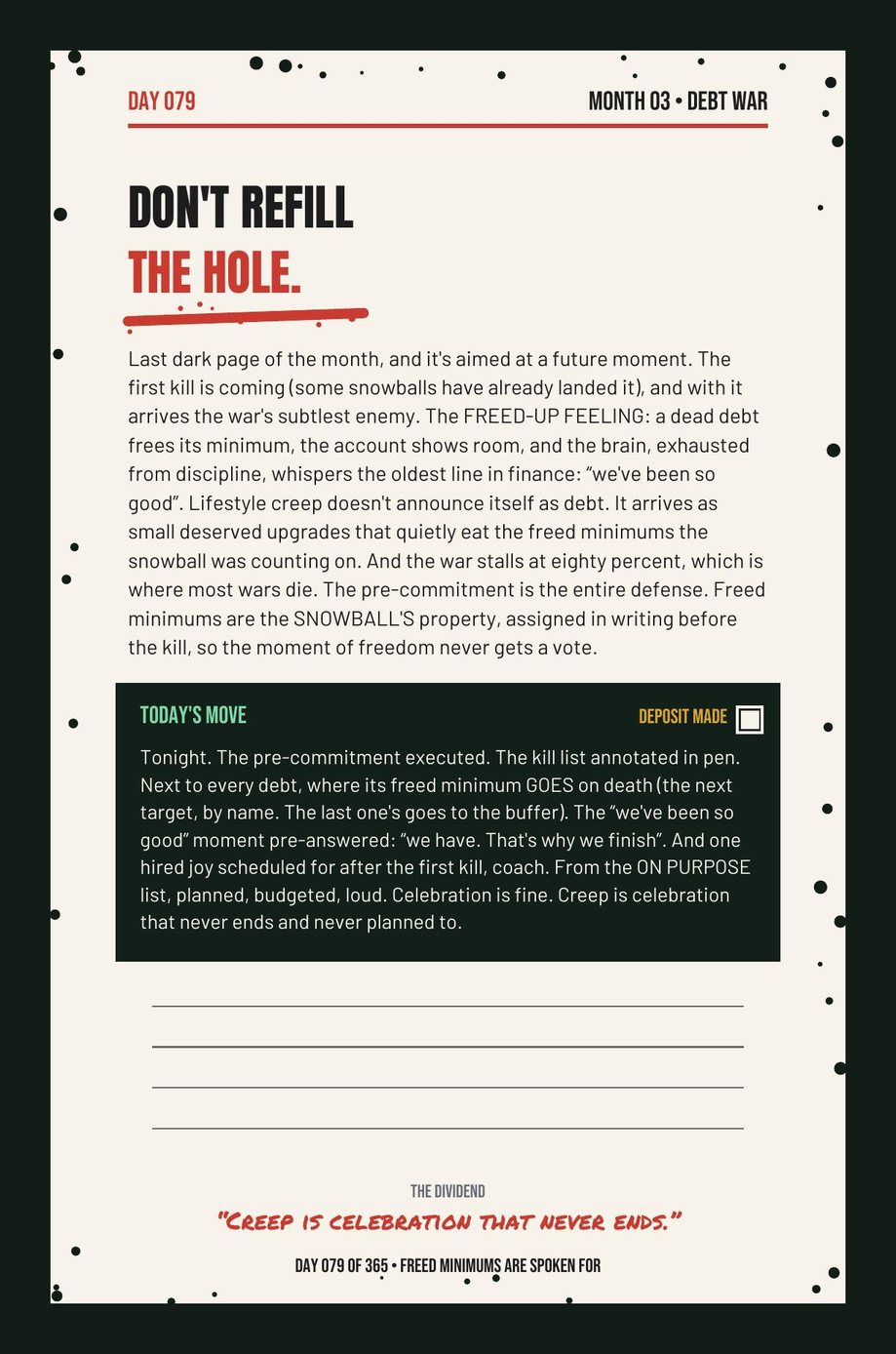 Stack The F*ck Up: Day 079, Do Not Refill the Hole, a dark page on spending a raise before it lands