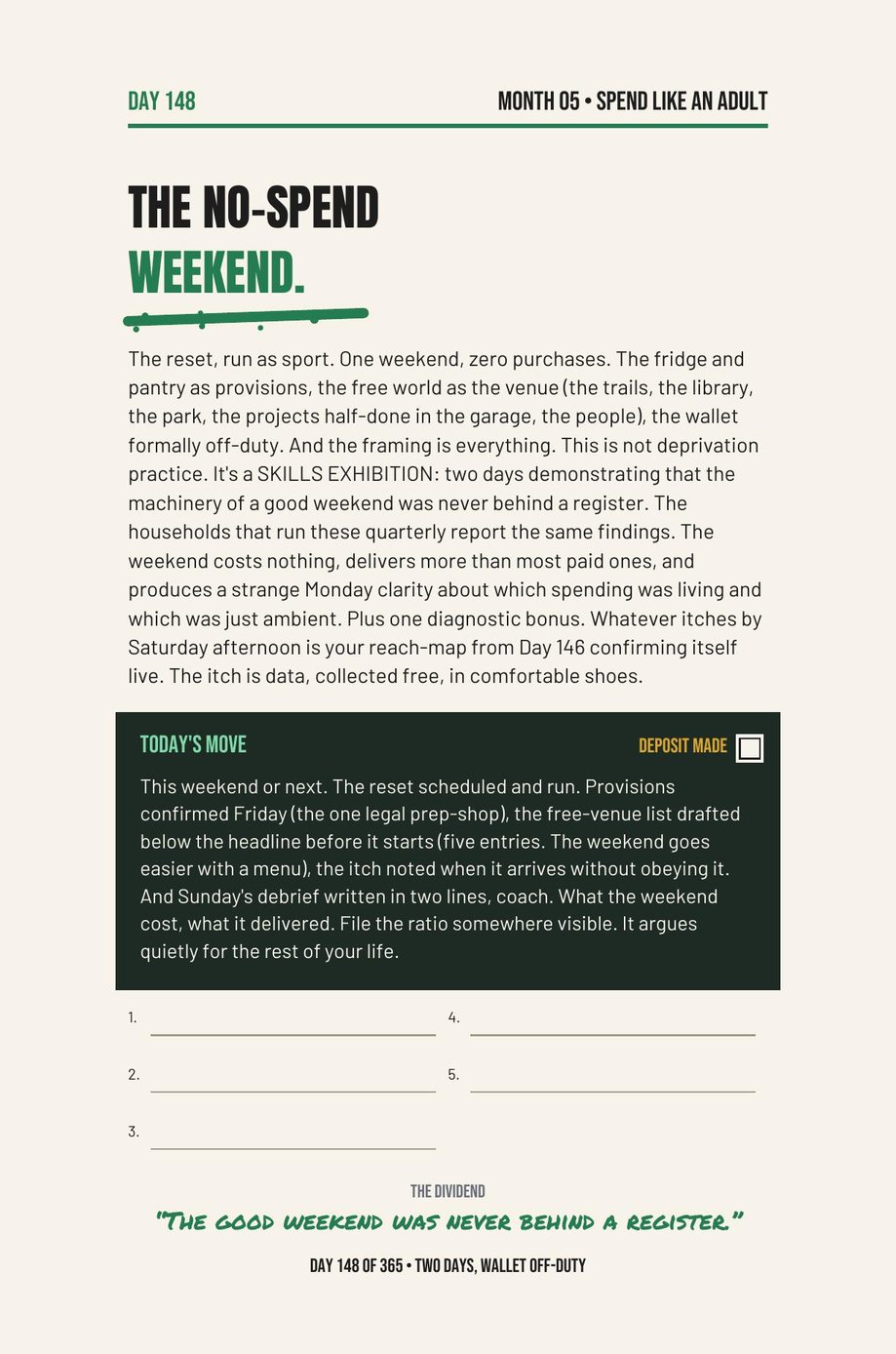 Stack The F*ck Up: Day 148, The No-Spend Weekend, the reset run as sport