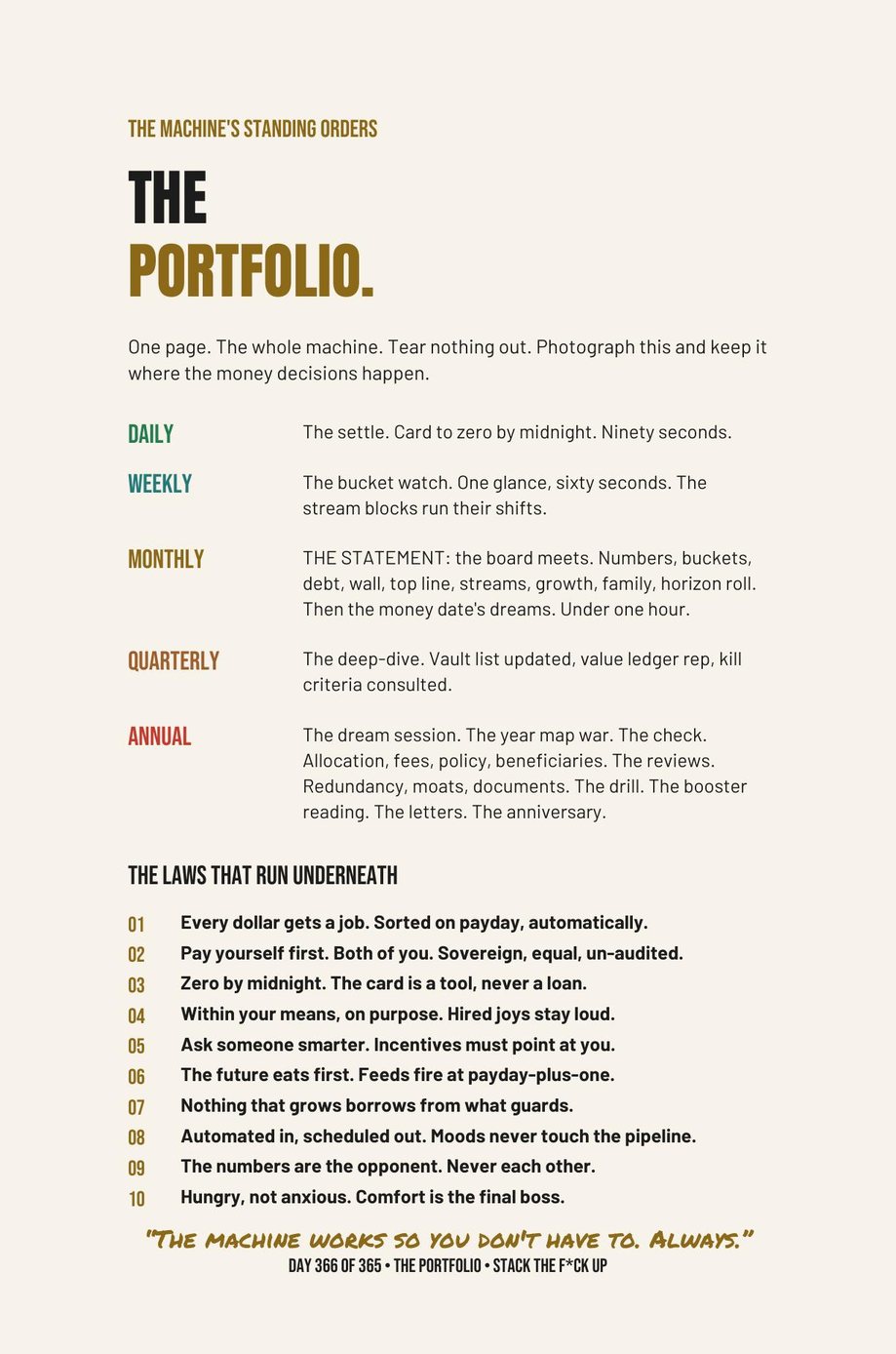 Stack The F*ck Up: The Portfolio, the whole money machine written on a single page