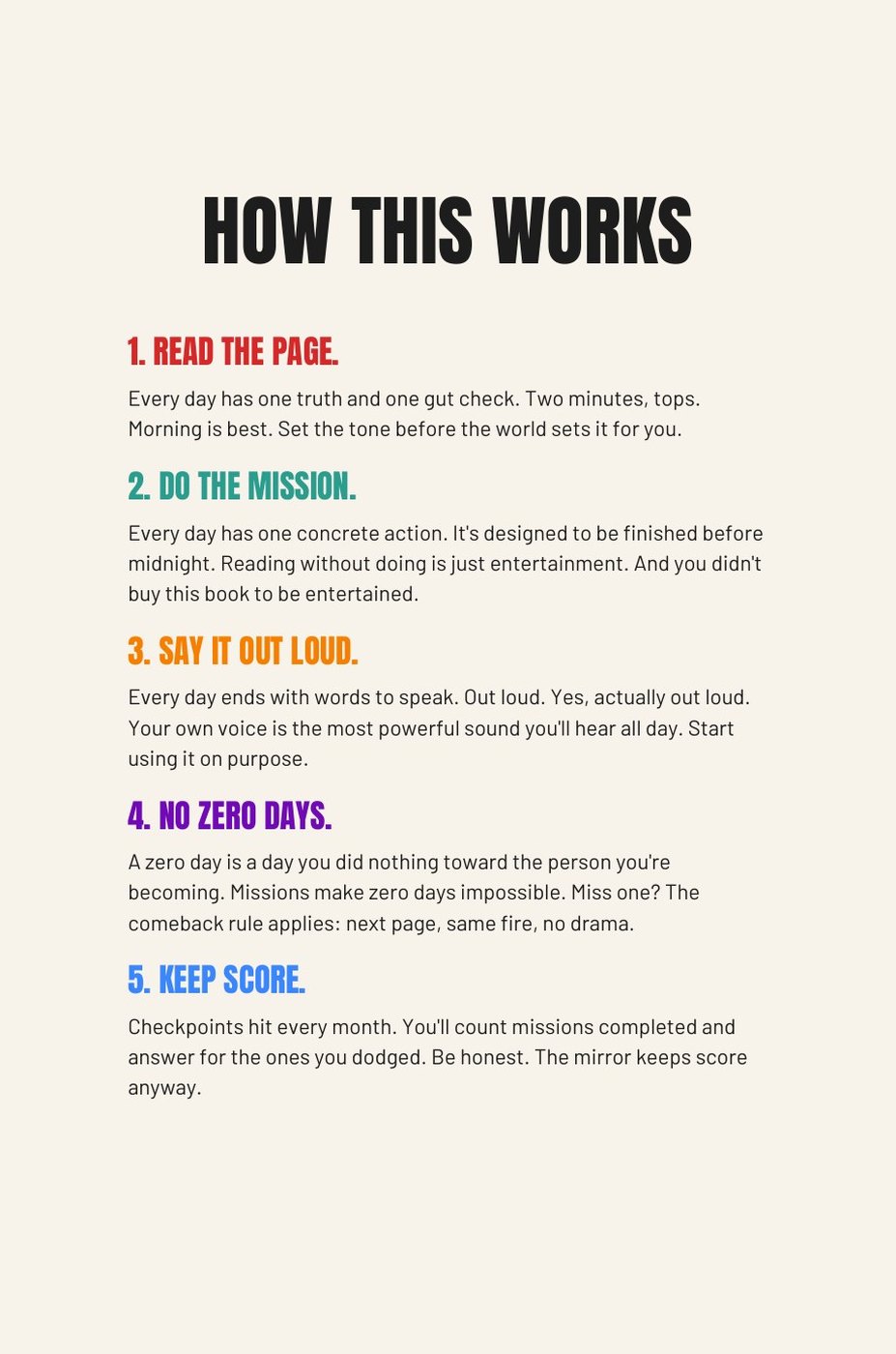 Step The F*ck Up interior page: How This Works: the one page a day system explained in five rules