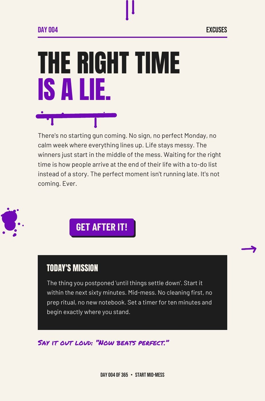 Step The F*ck Up interior page: Day 4: The Right Time Is A Lie, with the daily mission and say-it-out-loud line