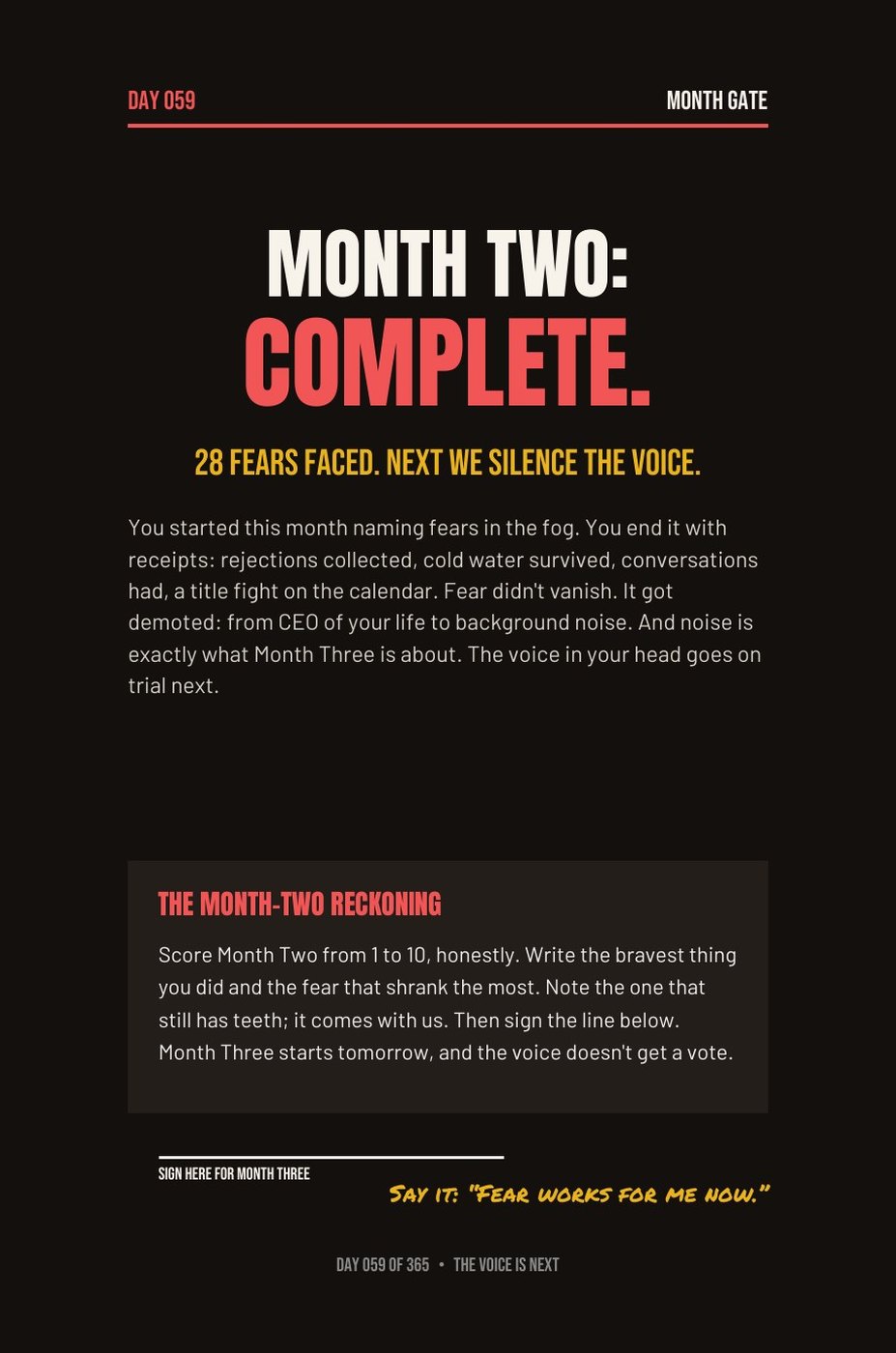 Step The F*ck Up interior page: Day 59 Month Gate: the month-two reckoning scorecard you sign in pen