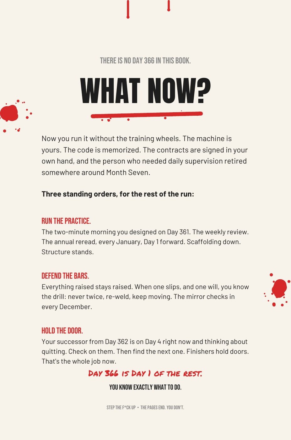 Step The F*ck Up interior page: The final page: there is no Day 366 in this book