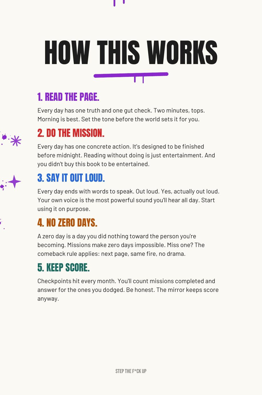 Step The F*ck Up: the How This Works page, listing read the page, do the mission, say it out loud, no zero days