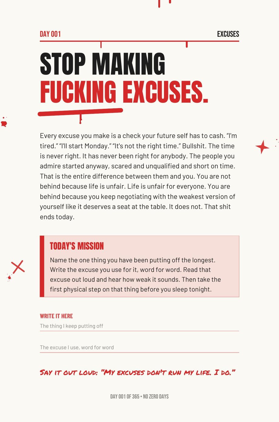Step The F*ck Up: Day 001, Stop Making Excuses, with its written mission and say-it-out-loud line