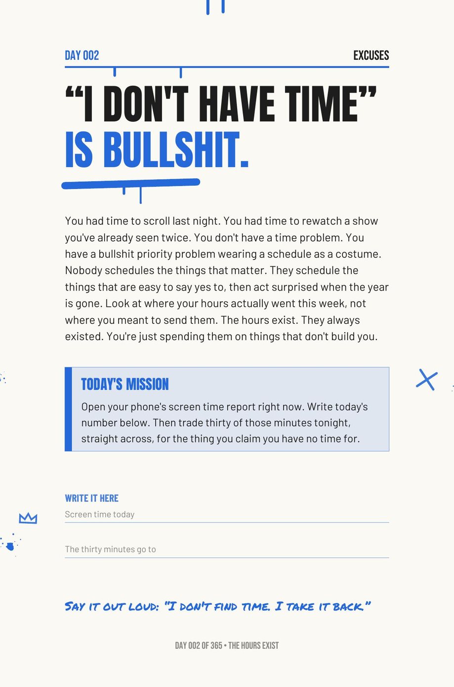 Step The F*ck Up: Day 002, I Do Not Have Time Is Bullshit, a single page with a two-minute mission
