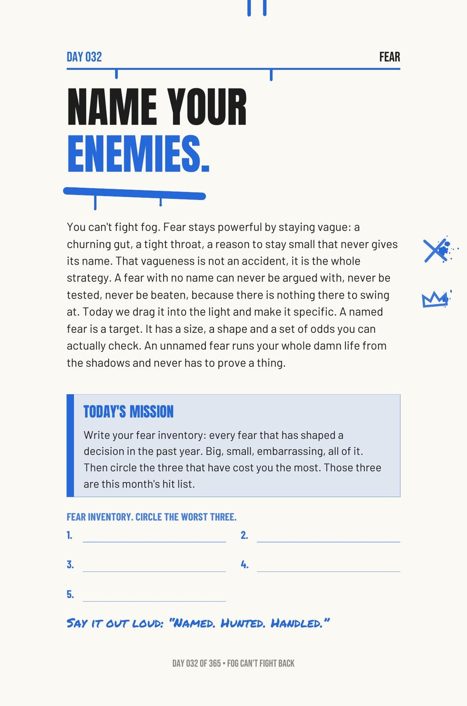 Step The F*ck Up: Day 032, Name Your Enemies, with a fear inventory to fill in and circle