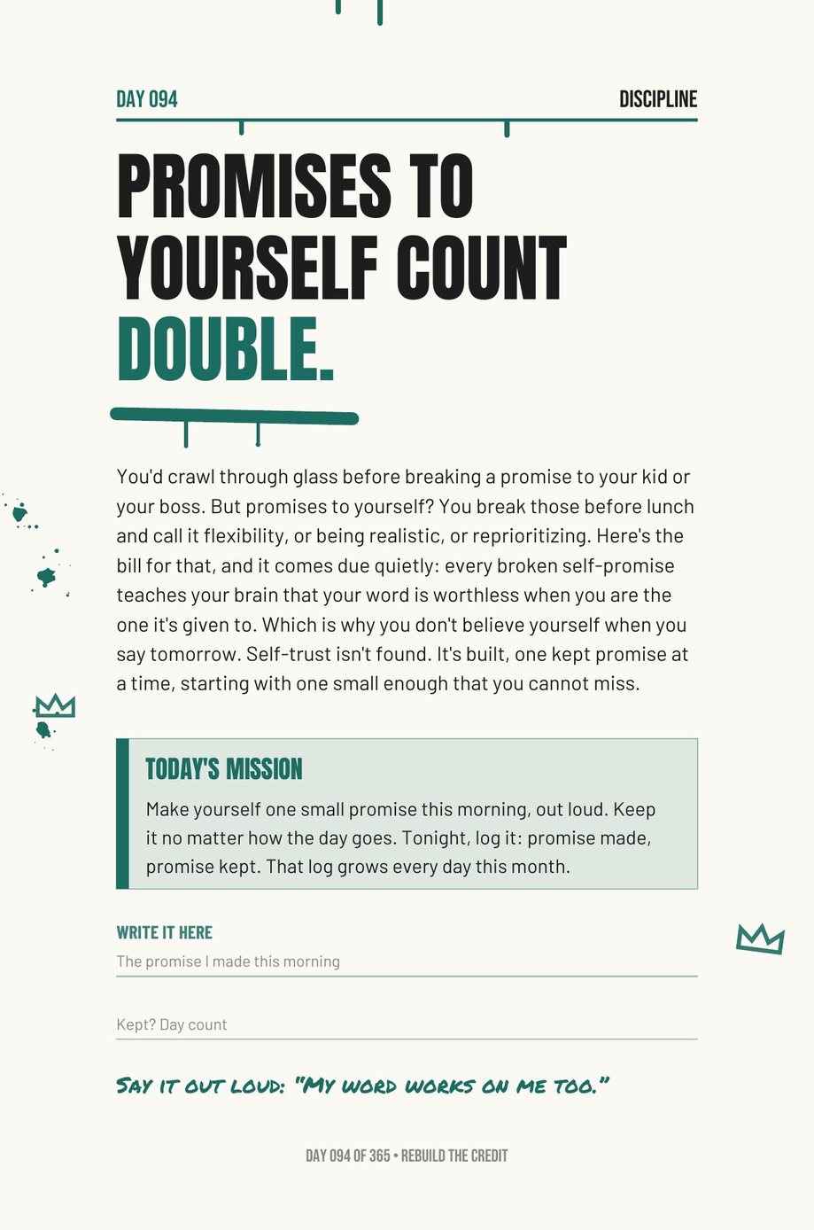 Step The F*ck Up: Day 094, Promises to Yourself Count Double, with a promise log to fill in