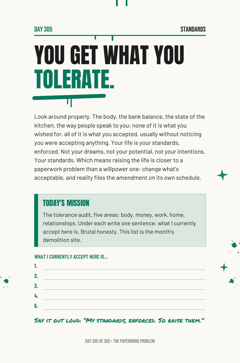 Step The F*ck Up: Day 305, You Get What You Tolerate, with a five-area tolerance audit to write